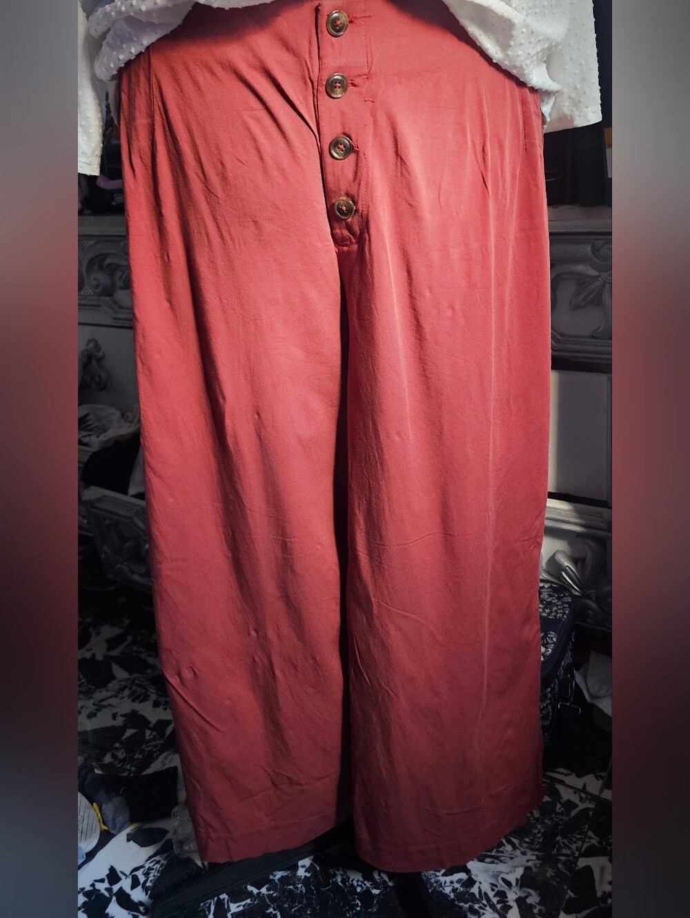 Red Twill Button Fly Culotte Pants High Waist